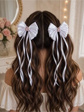 White Satin Ribbon Bow Hair Accessory with Pink Jewel